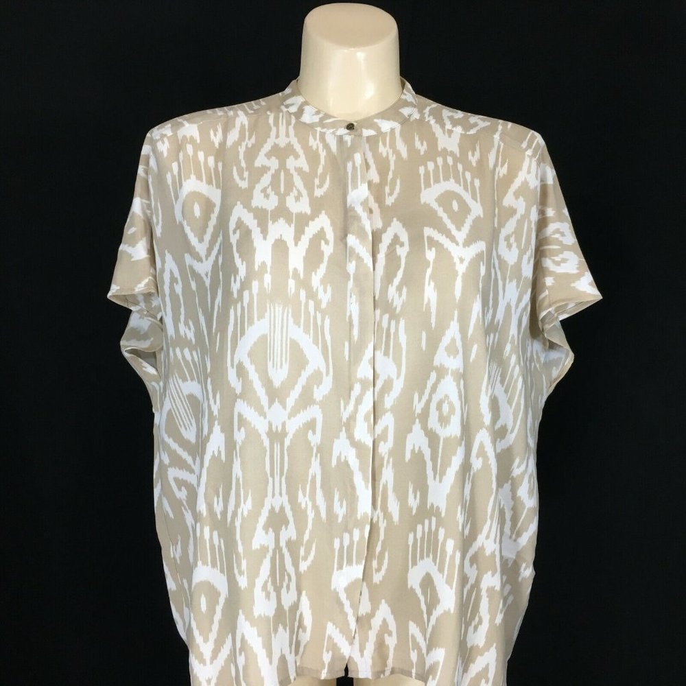 Chicos S M Tunic Top Boxy White Tan Aztec Mandarin Collar Cap Sl Hidden Button